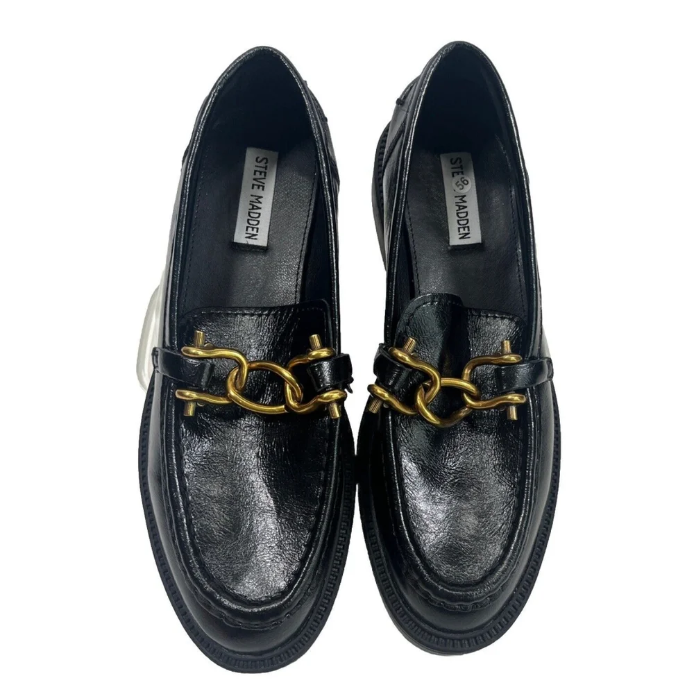 Steve Madden Womens Black Leather Loafer Shoes Gold Chain Size‎ 9.5M Office